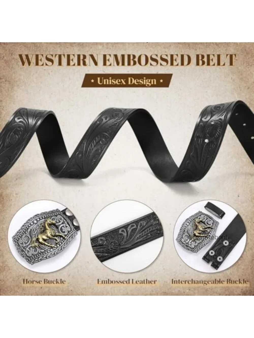 Western Leather Belt with Buckle for Rodeo Outfit Unisex